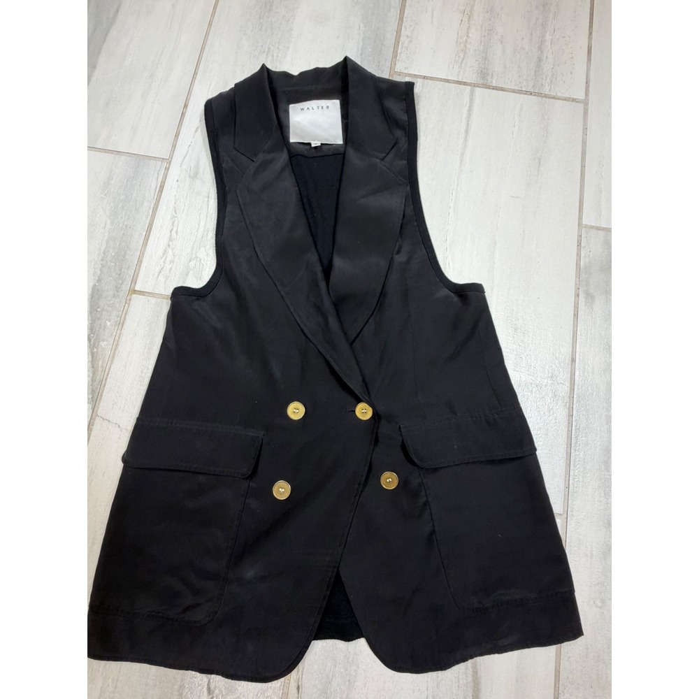 Walter Baker Black Silk Front Double Breasted Vest Gold Buttons Medium